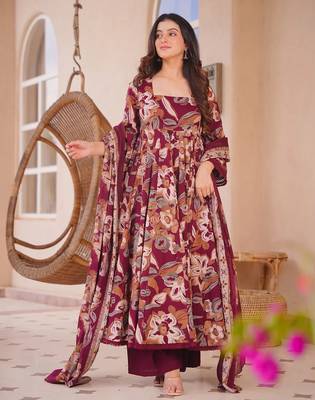 Maroon color designer cotton silk fabric designer printed readymade suit 5