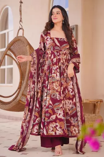Maroon color designer cotton silk fabric designer printed readymade suit