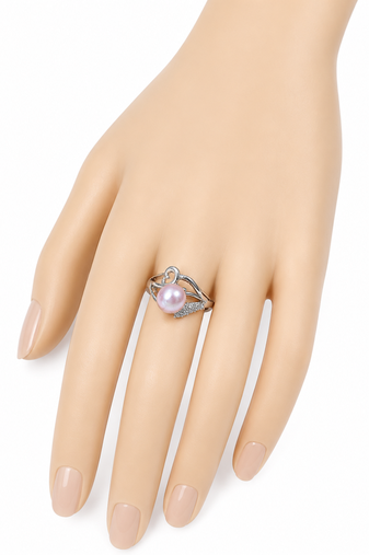 Pearl finger ring with cz accents, silver-tone, adjustable