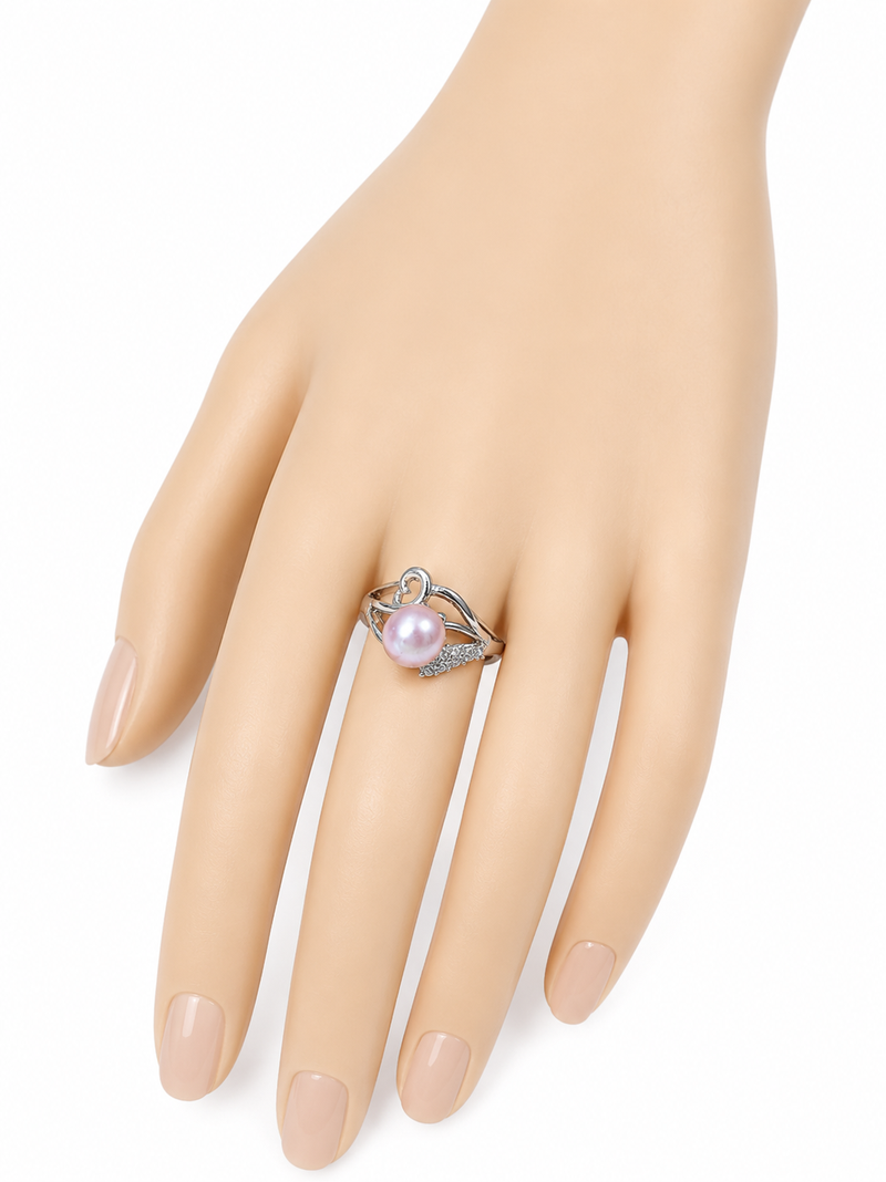 Pearl finger ring with cz accents, silver-tone, adjustable