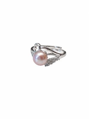 Pearl finger ring with cz accents, silver-tone, adjustable 2