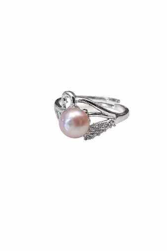 Pearl finger ring with cz accents, silver-tone, adjustable