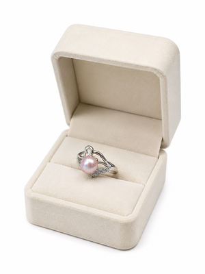 Pearl finger ring with cz accents, silver-tone, adjustable 3