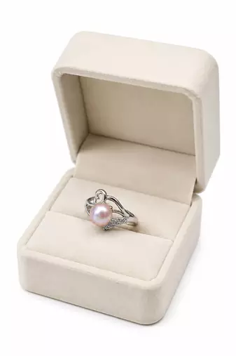 Pearl finger ring with cz accents, silver-tone, adjustable