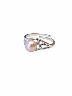 Pearl finger ring with silver-tone filigree band, adjustable 2