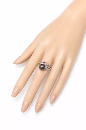 Dark black pearl finger ring with cz stones, adjustable