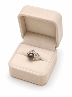 Dark black pearl finger ring with cz stones, adjustable 2