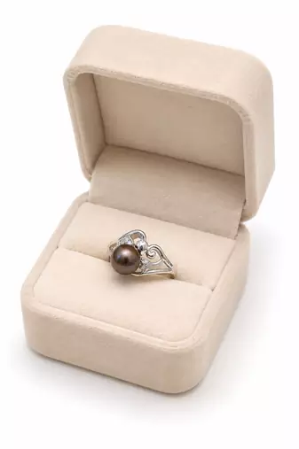Dark black pearl finger ring with cz stones, adjustable