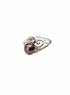Dark black pearl finger ring with cz stones, adjustable 3