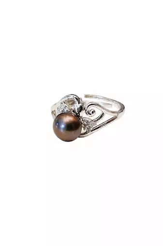 Dark black pearl finger ring with cz stones, adjustable