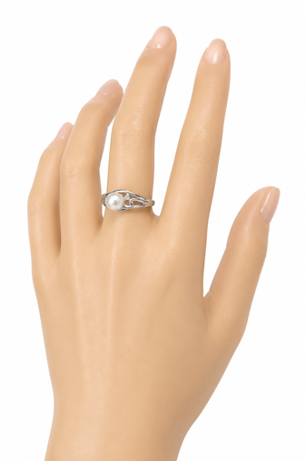 Pearl finger ring with filigree silver band, adjustable