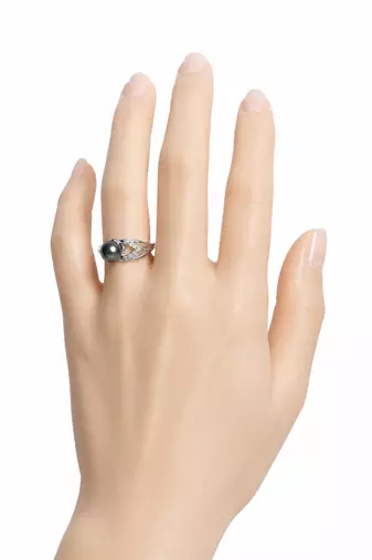 Grey pearl finger ring with cz accents, silver-tone adjustable