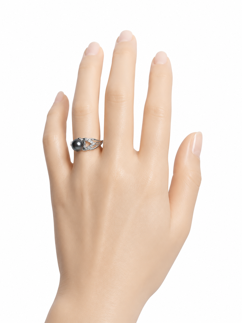 Grey pearl finger ring with cz accents, silver-tone adjustable
