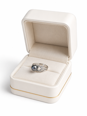 Grey pearl finger ring with cz accents, silver-tone adjustable 2