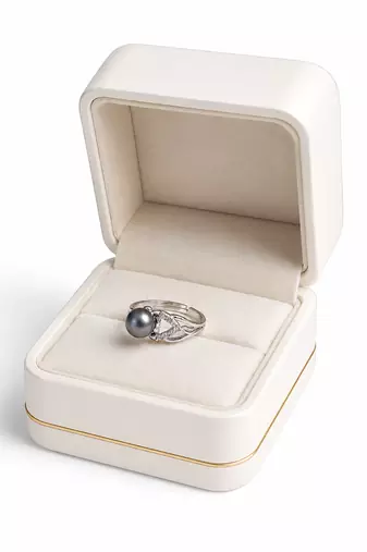 Grey pearl finger ring with cz accents, silver-tone adjustable