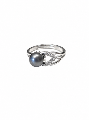 Grey pearl finger ring with cz accents, silver-tone adjustable 3