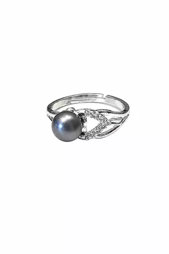 Grey pearl finger ring with cz accents, silver-tone adjustable