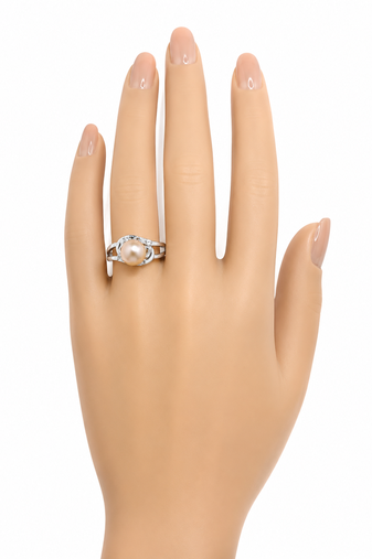 Pearl finger ring with cz accents, silver-tone, adjustable finger ring