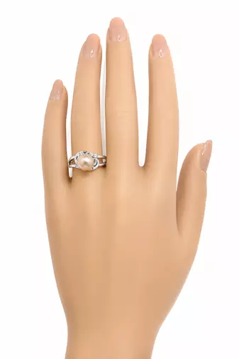 Pearl finger ring with cz accents, silver-tone, adjustable finger ring
