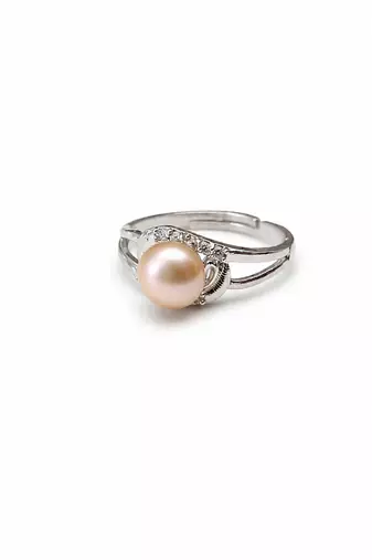 Pearl finger ring with cz accents, silver-tone, adjustable finger ring