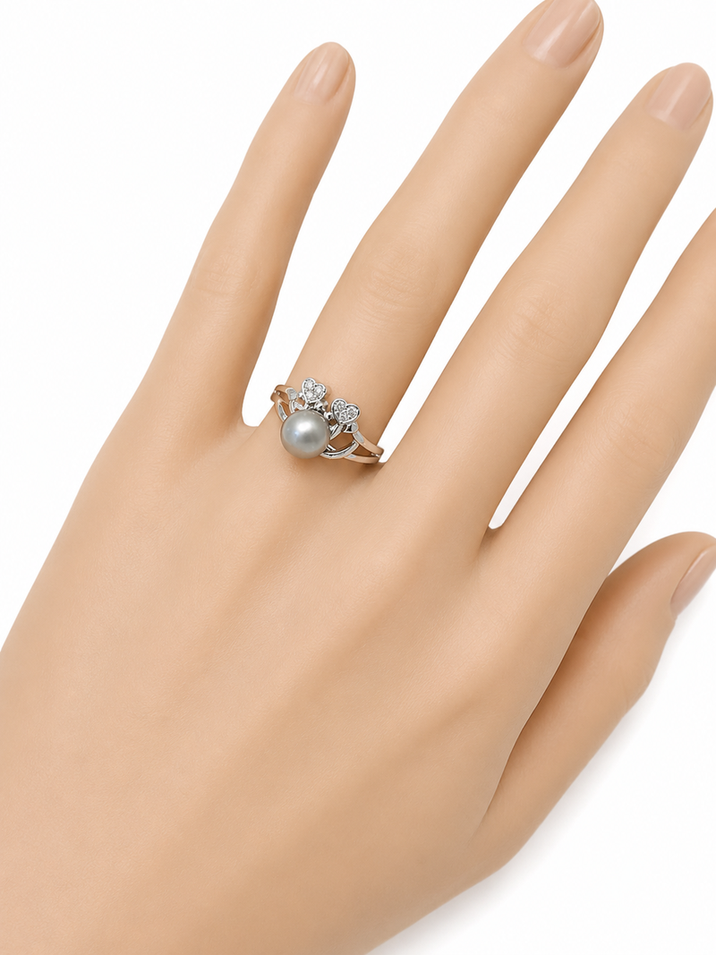Grey pearl finger ring with cz heart accents, adjustable