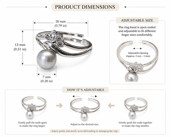 Grey pearl finger ring with cz heart accents, adjustable 2