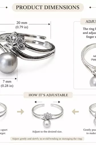 Grey pearl finger ring with cz heart accents, adjustable