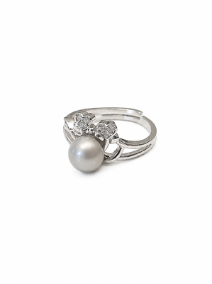 Grey pearl finger ring with cz heart accents, adjustable 3