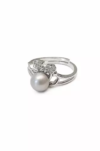 Grey pearl finger ring with cz heart accents, adjustable