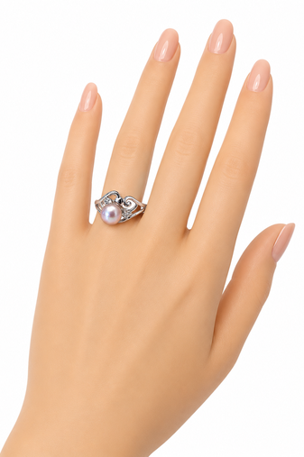Pearl finger ring with crystal accents, adjustable, silver-tone