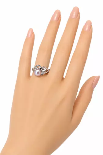 Pearl finger ring with crystal accents, adjustable, silver-tone