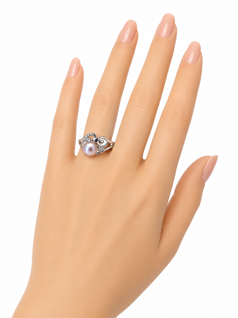 Pearl finger ring with crystal accents, adjustable, silver-tone