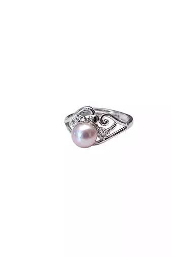 Pearl finger ring with crystal accents, adjustable, silver-tone