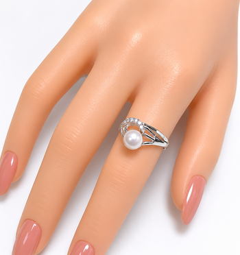 Pearl finger ring with cz accents, silver-tone, adjustable ring 1