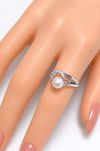 Pearl finger ring with cz accents, silver-tone, adjustable ring