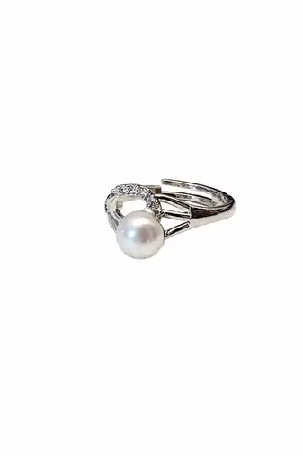 Pearl finger ring with cz accents, silver-tone, adjustable ring