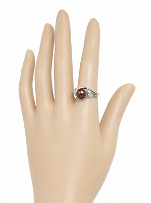 Black pearl finger ring with silver filigree band, adjustable 1