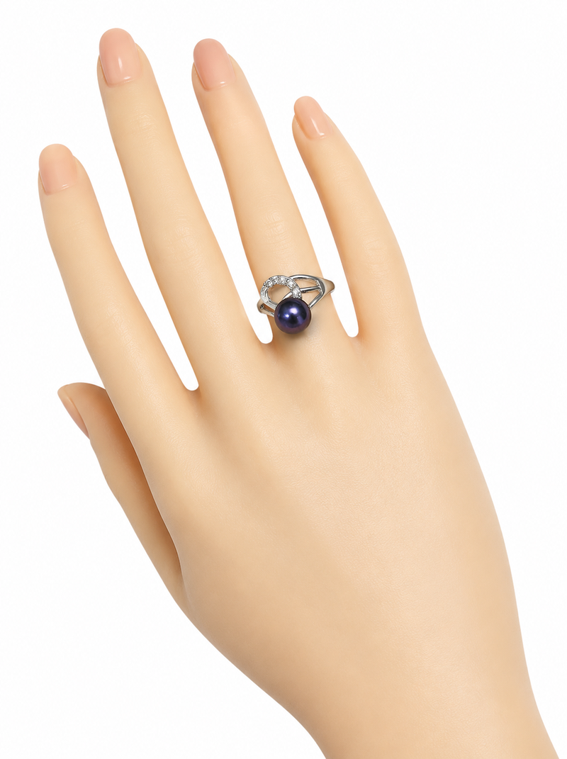 Black pearl finger ring with cz stones, silver-tone