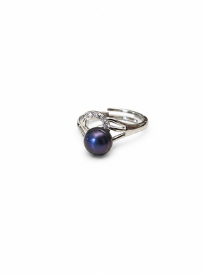 Black pearl finger ring with cz stones, silver-tone 2