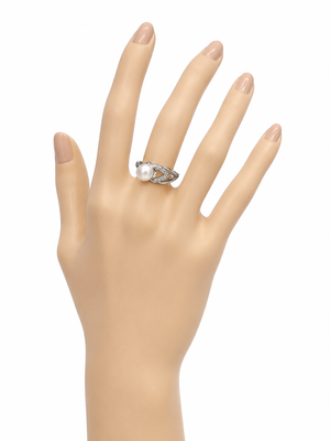 New pearl finger ring with cz accents, silver-tone, adjustable 1