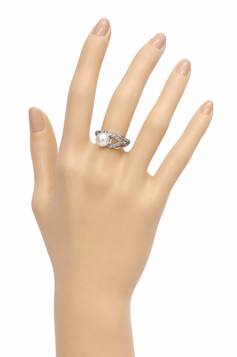 New pearl finger ring with cz accents, silver-tone, adjustable