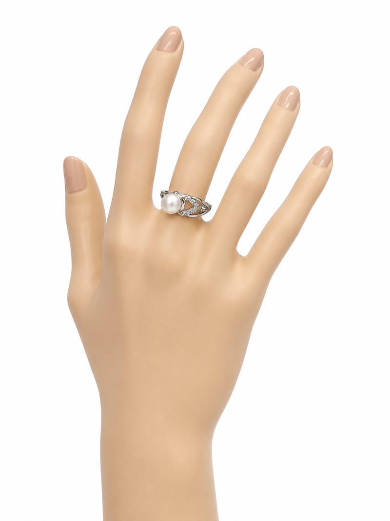 New pearl finger ring with cz accents, silver-tone, adjustable