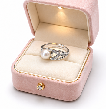 New pearl finger ring with cz accents, silver-tone, adjustable 2