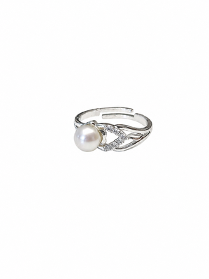 New pearl finger ring with cz accents, silver-tone, adjustable 3