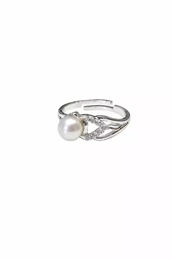 New pearl finger ring with cz accents, silver-tone, adjustable
