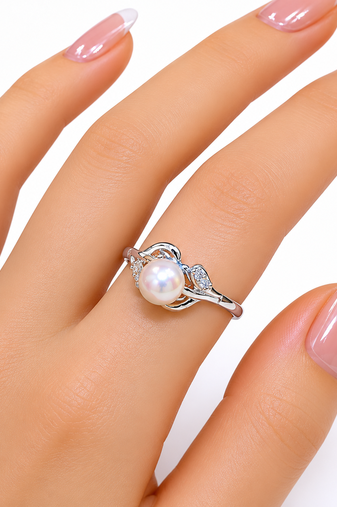 Pearl finger ring with cz accents, silver-tone, adjustable