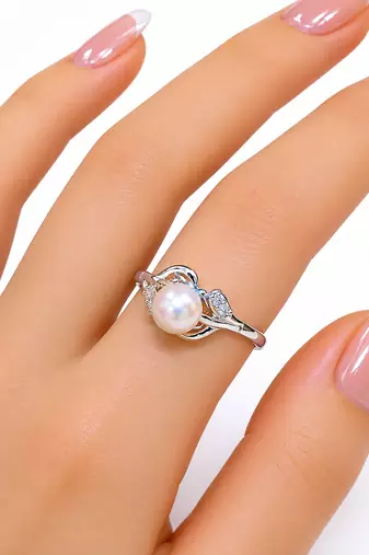 Pearl finger ring with cz accents, silver-tone, adjustable