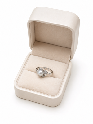 Pearl finger ring with cz accents, silver-tone, adjustable 2