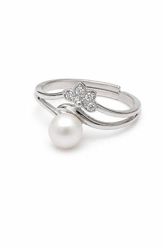 Pearl finger ring with cz flower accent, adjustable, silver