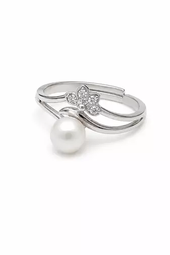 Pearl finger ring with cz flower accent, adjustable, silver